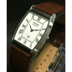 Vintage Style Seiko Quartz Mens Silver Watch & White accents W/ Leather Strap